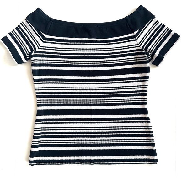 MICHAEL KORS NAVY/WHITE STRIPED TEXTURED PIQUE OFF THE SHOULDER TOP SzM - Picture 2 of 7